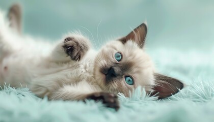Cute kitten with blue eyes lying on a fluffy blue blanket.