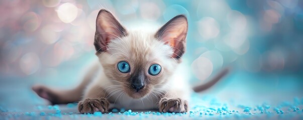 Cute Siamese kitten with blue eyes looking at the camera.