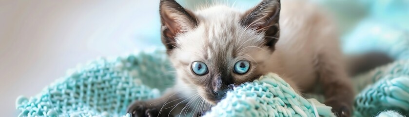 Adorable kitten with blue eyes and white fur resting on a blue blanket.