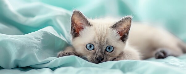 Adorable white kitten with blue eyes lying on a soft blue blanket.