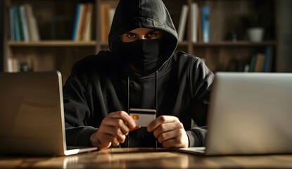 Hooded man in black hoodie with his face hidden is sitting at the table and holding credit card while looking to camera / Scammer online concept