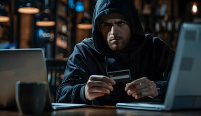 Hooded man in black hoodie with his face hidden is sitting at the table and holding credit card while looking to camera / Scammer online concept