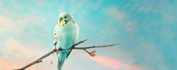 A blue budgie perched on a branch against a blue sky background.