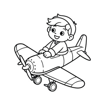 recommend clip art: little boy operating a plane vector illustration line art