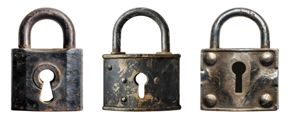 Old padlock, isolated, PNG set