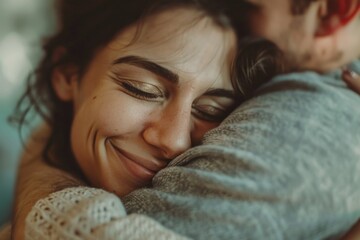 A close-up shot of a person embracing a woman, conveying warmth and affection