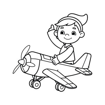 recommend clip art: little boy operating a plane vector illustration line art