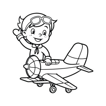 recommend clip art: little boy operating a plane vector illustration line art
