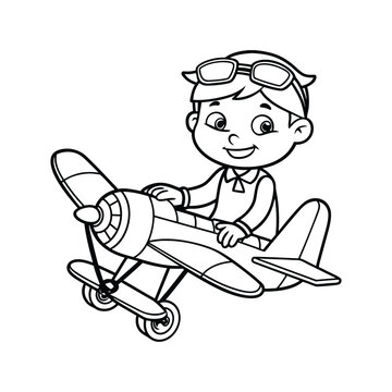recommend clip art: little boy operating a plane vector illustration line art