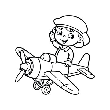 recommend clip art: little boy operating a plane vector illustration line art