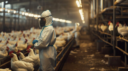 A poultry farm under lockdown with health workers in protective suits, avian influenza containment.