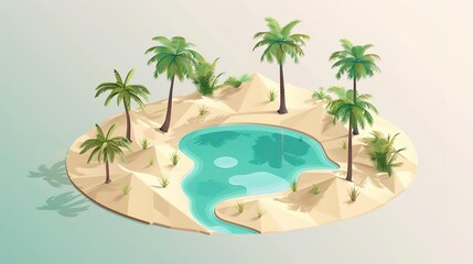 Isometric illustration of a desert oasis with palm trees and a lagoon.