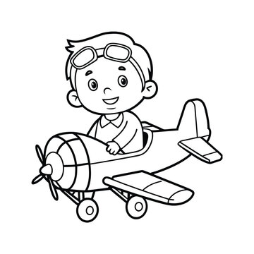recommend clip art: little boy operating a plane vector illustration line art