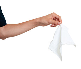 Hand holding, throwing used wiped tissue paper isolated on white background.