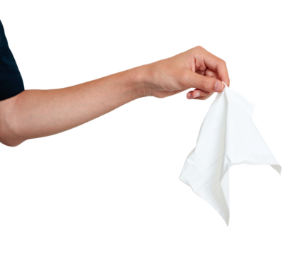 Hand holding, throwing used wiped tissue paper isolated on white background.