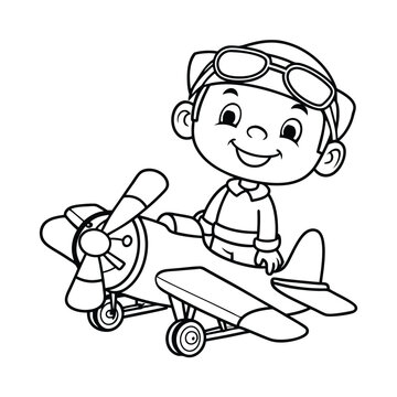 recommend clip art: little boy operating a plane vector illustration line art