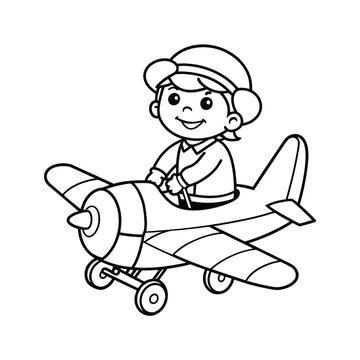 recommend clip art: little boy operating a plane vector illustration line art