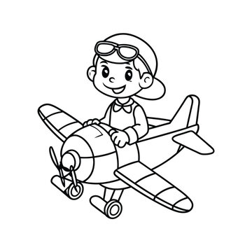 recommend clip art: little boy operating a plane vector illustration line art