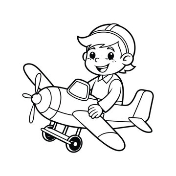 recommend clip art: little boy operating a plane vector illustration line art
