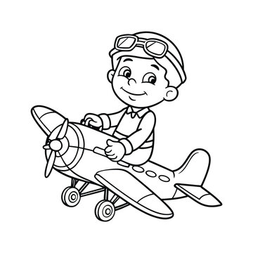 recommend clip art: little boy operating a plane vector illustration line art