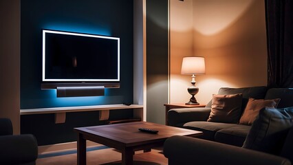 Led tv on dark blue wall with wooden table in living room