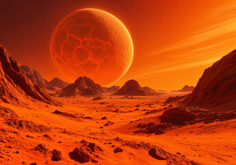 Vibrant and colorful scene of a desert landscape under a red sky, with a large planet or moon looming in the background.