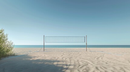 An unoccupied beach volleyball court on a sunny summer day, with clear skies and shimmering sand, highlighting the peaceful and inviting beach atmosphere.