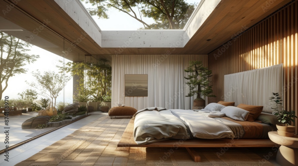 Poster a modern bedroom with a skylight and a view of a lush garden. sunlight streams through the large win