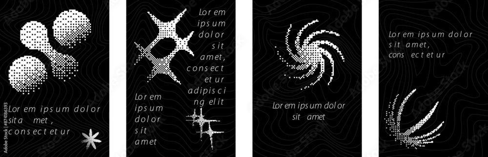 Poster Monochrome retro Y2K brutal posters with abstract vector bitmap effect that imitates pixels. Y2K modern graphic elements and geometric shapes. Vector EPS 10