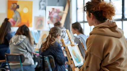 Fototapeta premium Private Art Class with Students Focused on Painting