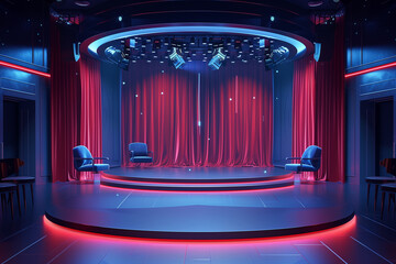 Futuristic theater stage with chairs and red curtains for luxury performances