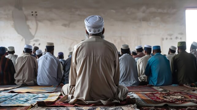 Muslims praying jummah in mosque. Muslim Imam giving sermon during friday prayers