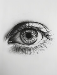 A close-up of an eye, focusing on the iris and eyelashes, captured in black and white with high contrast lighting against a pure white background. 