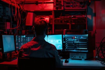 Fototapeta premium Hacker using a computer to intercept communications, dark room with tech equipment, Hacker with computer, digital eavesdropping