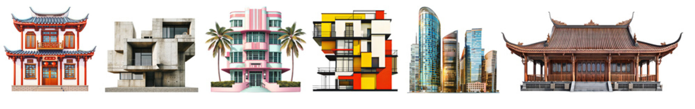 Set of houses of different traditional styles on png background.