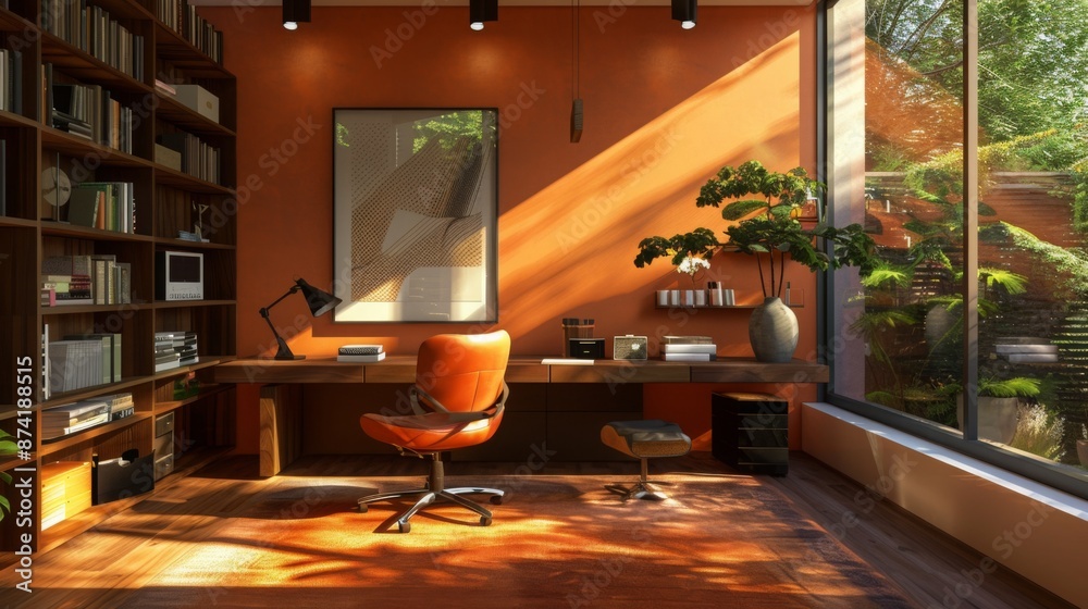 Poster a modern home office with a large window overlooking a garden. the office features a large desk with