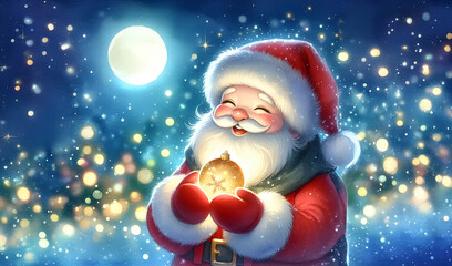 Watercolor painting of santa claus on a blue background with twinkling starlight.