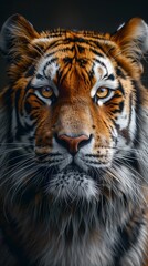 Naklejka premium A close-up portrait of a tiger, staring directly at the camera. Its orange and black stripes are clearly visible, as are its sharp teeth and piercing eyes.