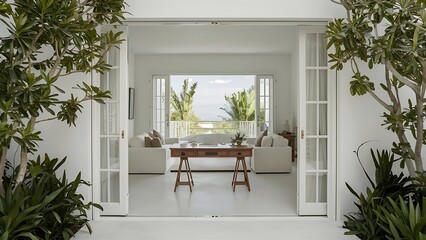 white living room interior with big window, glass door, fresh plants, wooden desk