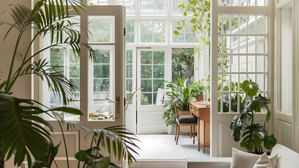 white living room interior with big window, glass door, fresh plants, wooden desk