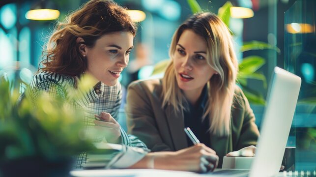 Two women sitting at a table with laptops, likely working or studying together