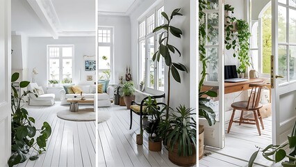 white living room interior with big window, glass door, fresh plants, wooden desk
