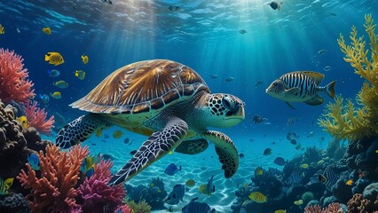 Obraz premium A Serene Underwater Scene with Tropical Fish and Sea Turtle