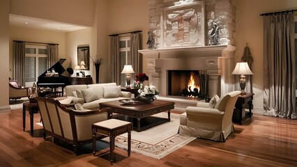 living room with fireplace in luxury home