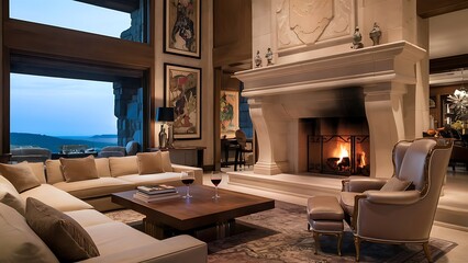 living room with fireplace in luxury home