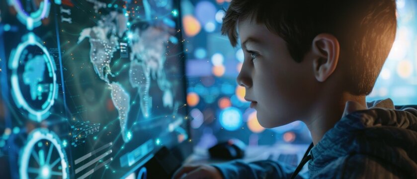 Boy immersed in online learning, virtual classroom on screen, Kid with a computer, modern education system