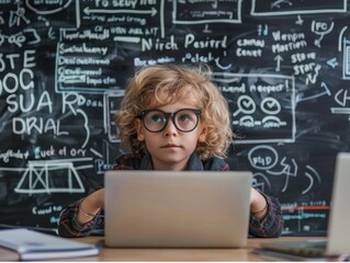 Child researching for a school project on a laptop, Kid with computer, integrating tech into education