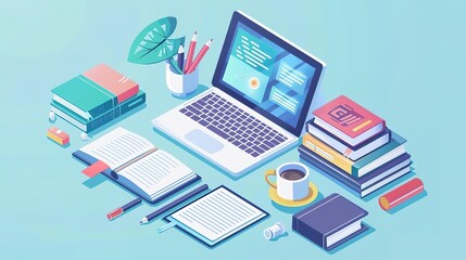 Isometric illustration of a workspace with a laptop, books, pencils, and a cup of coffee.