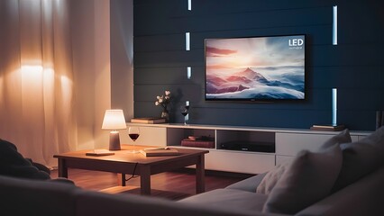 Led tv on dark blue wall with wooden table in living room