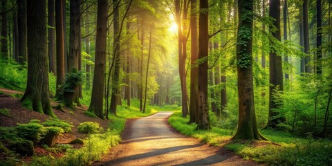 Fototapeta premium Tranquil path winding through a peaceful forest, woods, trail, peaceful, nature, walkway, serene, journey, trees, pathway